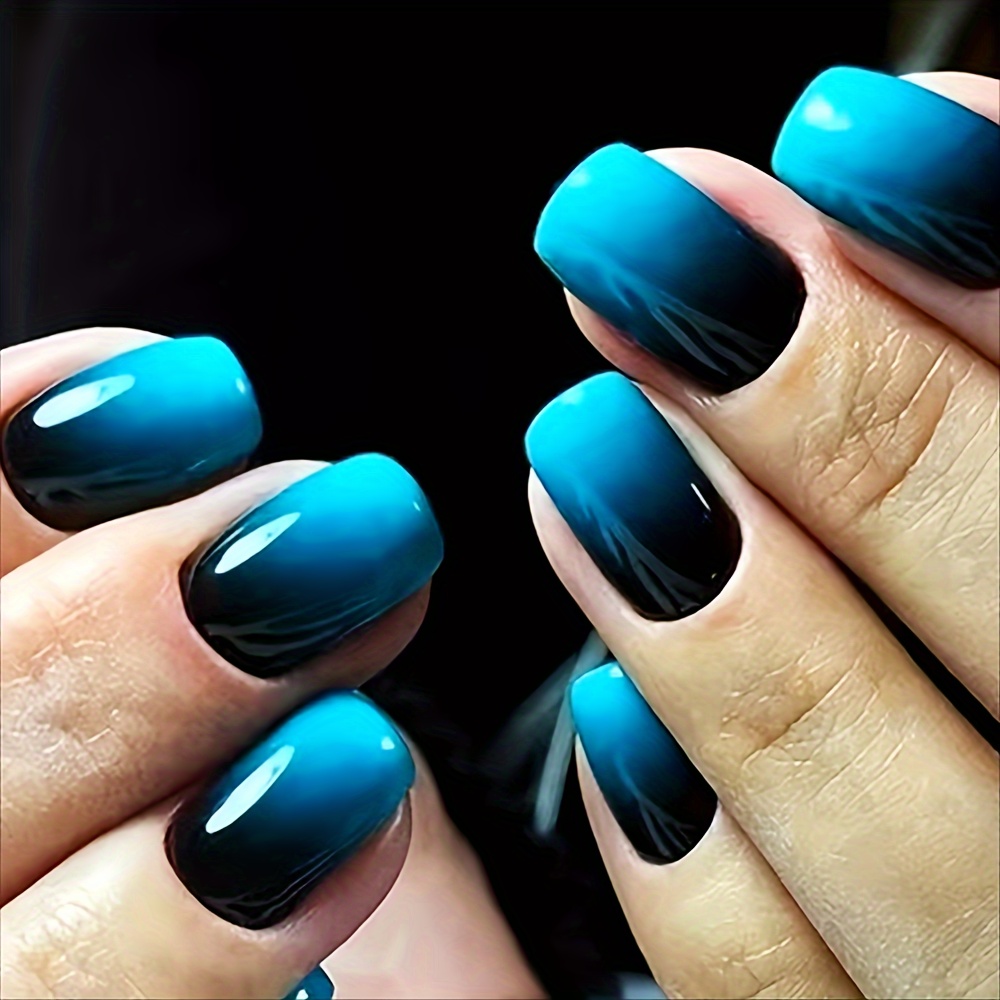 Upgrade Your Look With This 24pcs Short Blue Gradient Full-coverage Press-on Nail Set, Including Jelly Glue And Nail Buffer. Perfect For Women And To Wear In Daily