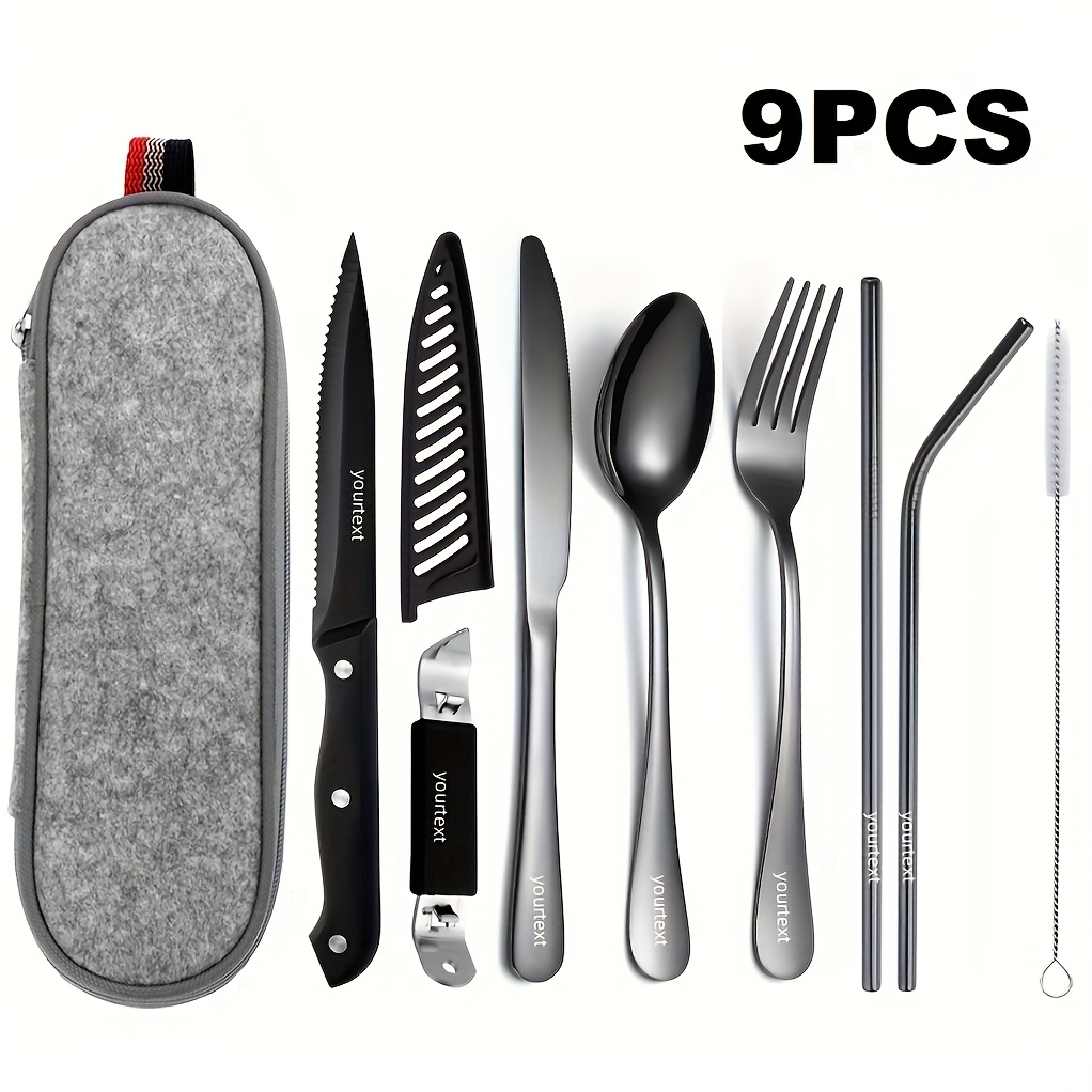customize your text 9 10pcs black silvery stainless steel outdoor portable cutlery set travel camping set including knife   chopsticks cleaning brush straw bottle opener steak knife with knife   and not   damaged Product details 3