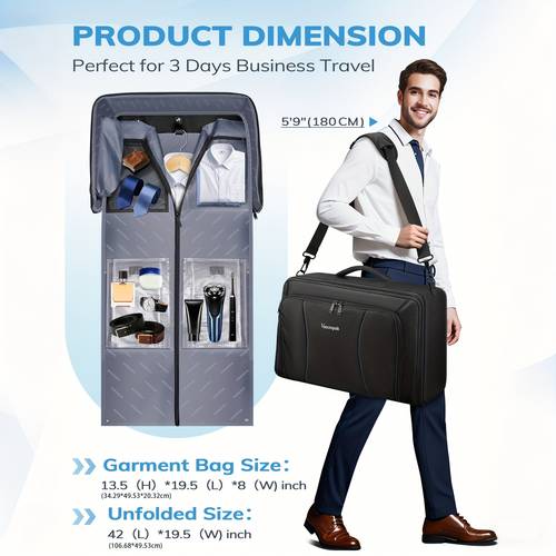 black convertible garment bag with backpack straps approved for airline travel featuring a shoe compartment and designed to keep suits wrinkle free suitable for 6 laptop
