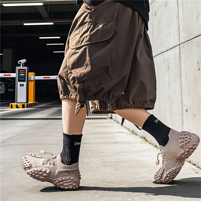 Sand-colored Knitted Mesh Outdoor Shoes with Particle Detailing, Low-Top Thick-Soled Dad Sneakers, Slip-On with Drawstring, Casual Breathable Athletic Running Shoes, Plus Size Men's Shoes