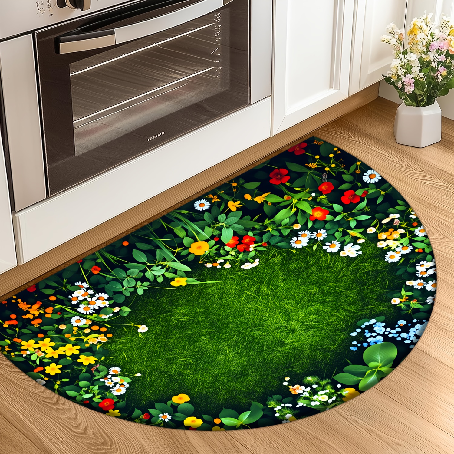 E-shop [Produkt] [Flanell + 1 cm dickes Schwamm-Material] Lustige Halbkreis-Fußmatte | Girlanden-Gras-Muster gedruckte Halbkreis-Fußmatte, geeignet für