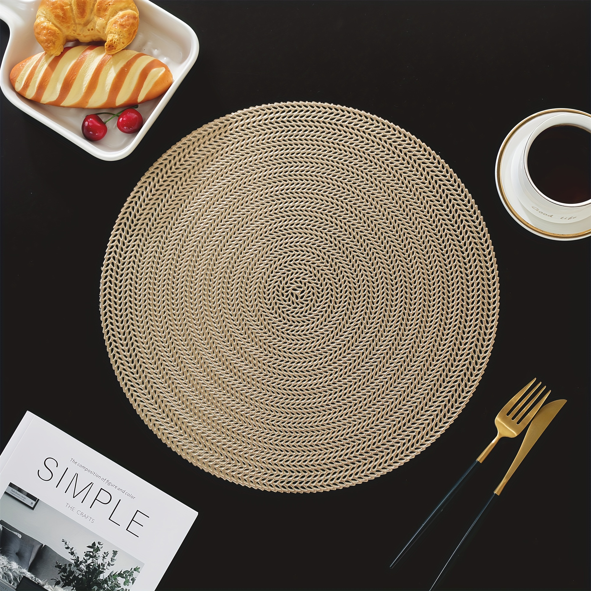 TEMU 6/8 Pack Round Pvc   Mats, Non-slip Dining Table Mats For Wedding, Christmas, Parties, Heat Resistant Woven For Home And Kitchen Tabletop Decor - Hand Wash Only