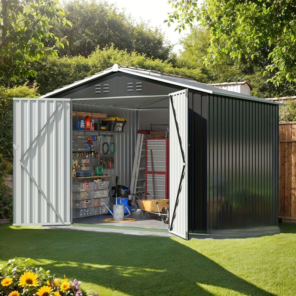TEMU 8x8/10x10 Ft Outdoor Storage Shed, Garden Shed With Frame Structure And Lockable Doors, Metal Tool Sheds For Backyard Garden Patio Lawn, Grey