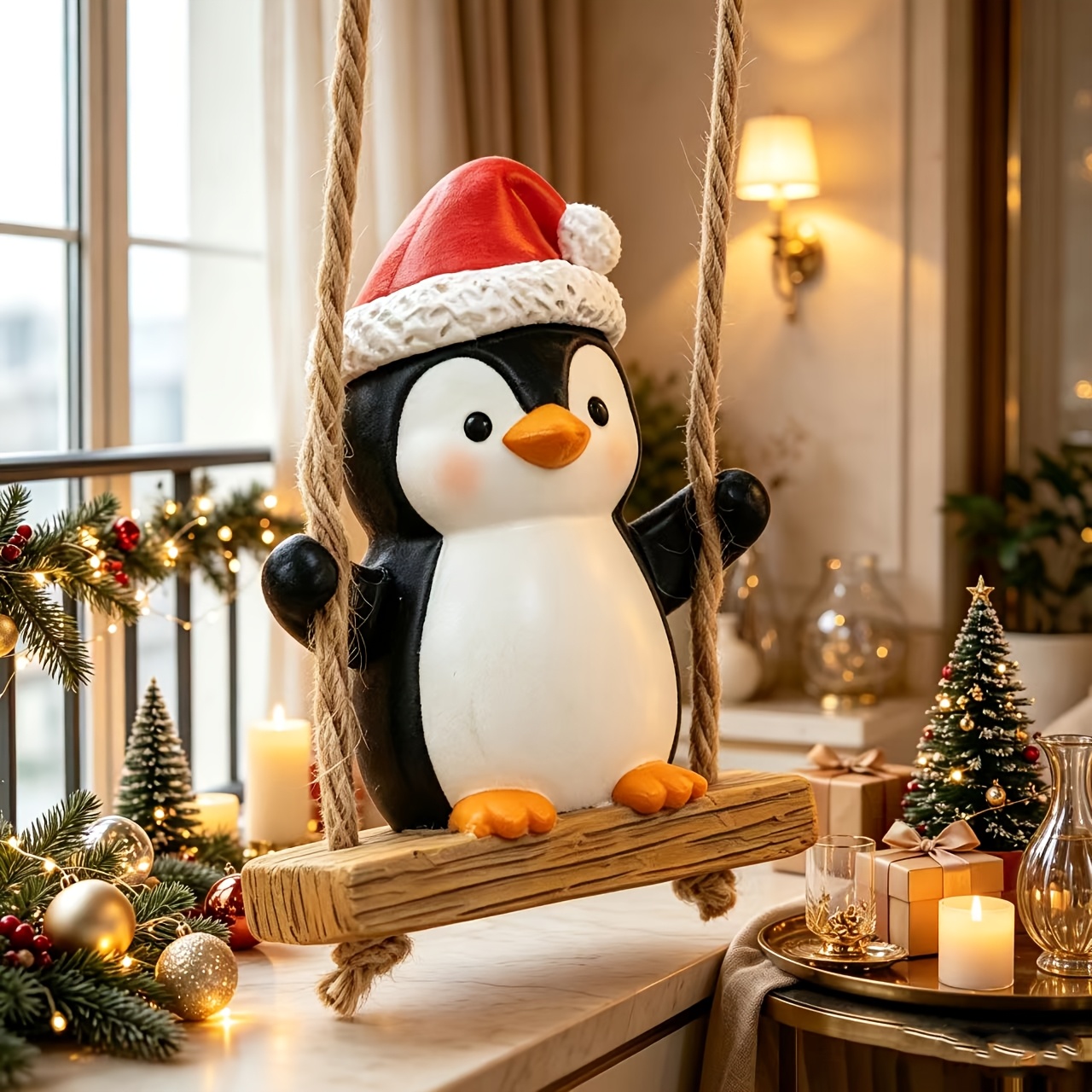 TEMU Christmas Swing Penguin Statue Pendant, Home Decoration, Resin Penguin Christmas Tree Decoration, Winter Garden And Yard Decoration, And Outdoor