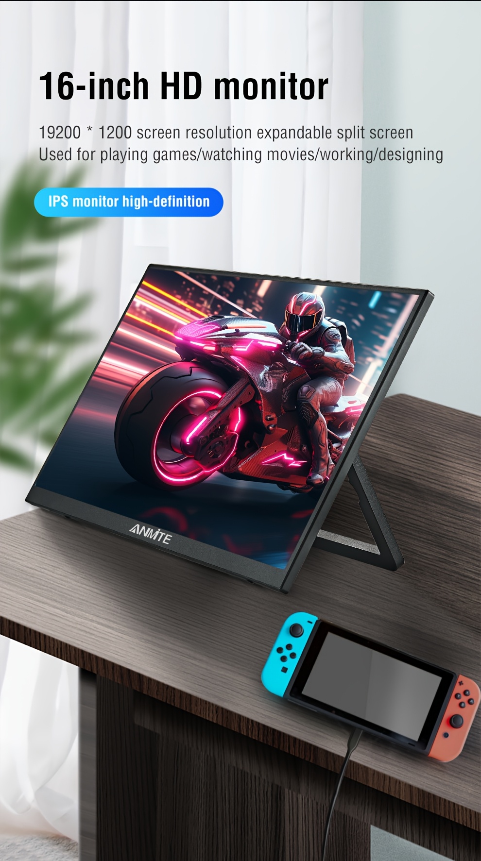 Monitor Portátil Anmite de 16 Pulgadas con Luz Azul Baja, 350 Nits, HDR 1200P, Relación 16:10, Ideal para Xbox/Ps5/Switch/Teléfonos Móviles/Computadoras/Laptops para Expansión