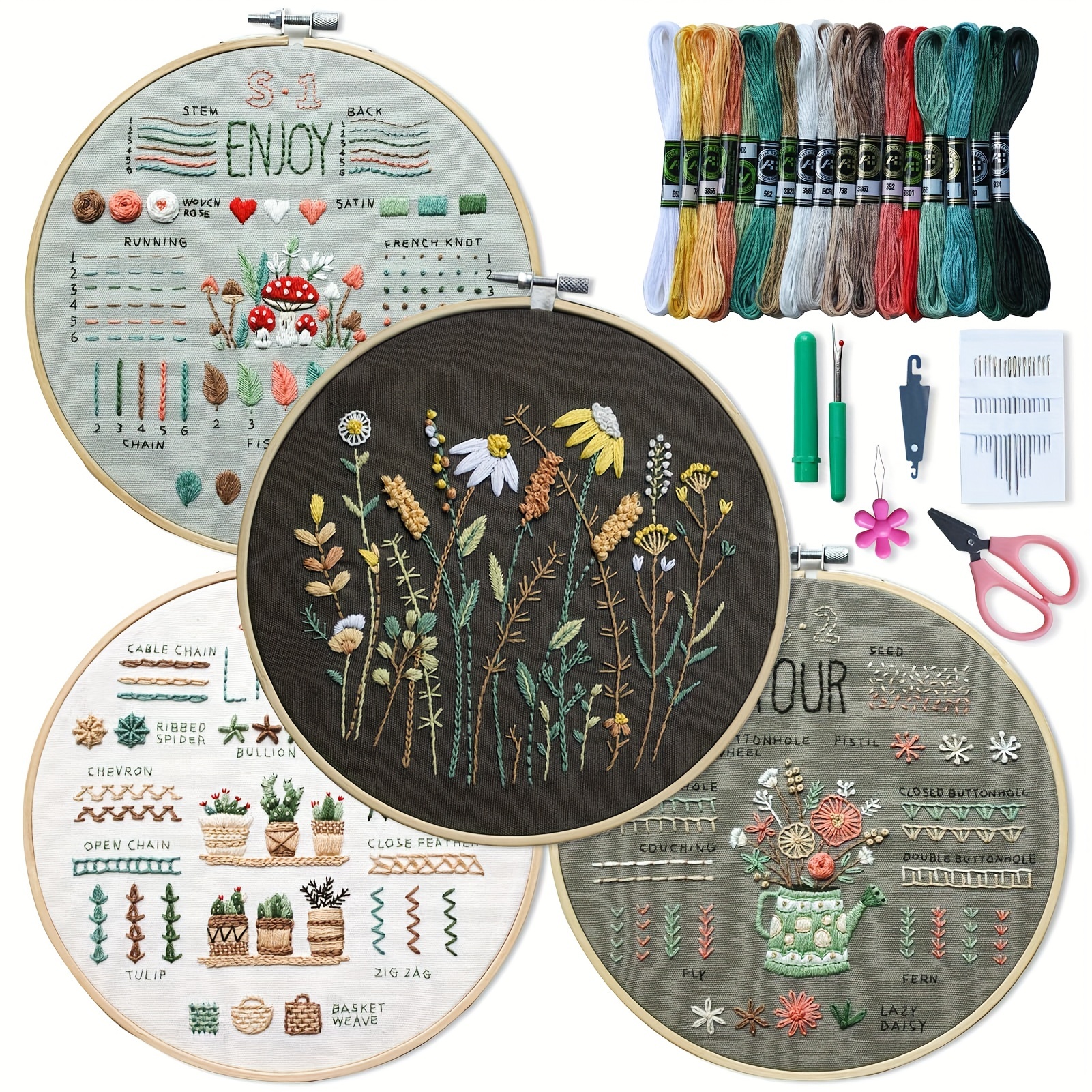 

4-pack Embroidery Starter Kit For Beginners - Cross-stitching Set With Pre-printed Patterns, Hoops, Multicolor Threads, Tools & Instructions - Learn 33 Stitches With Tutorial Videos