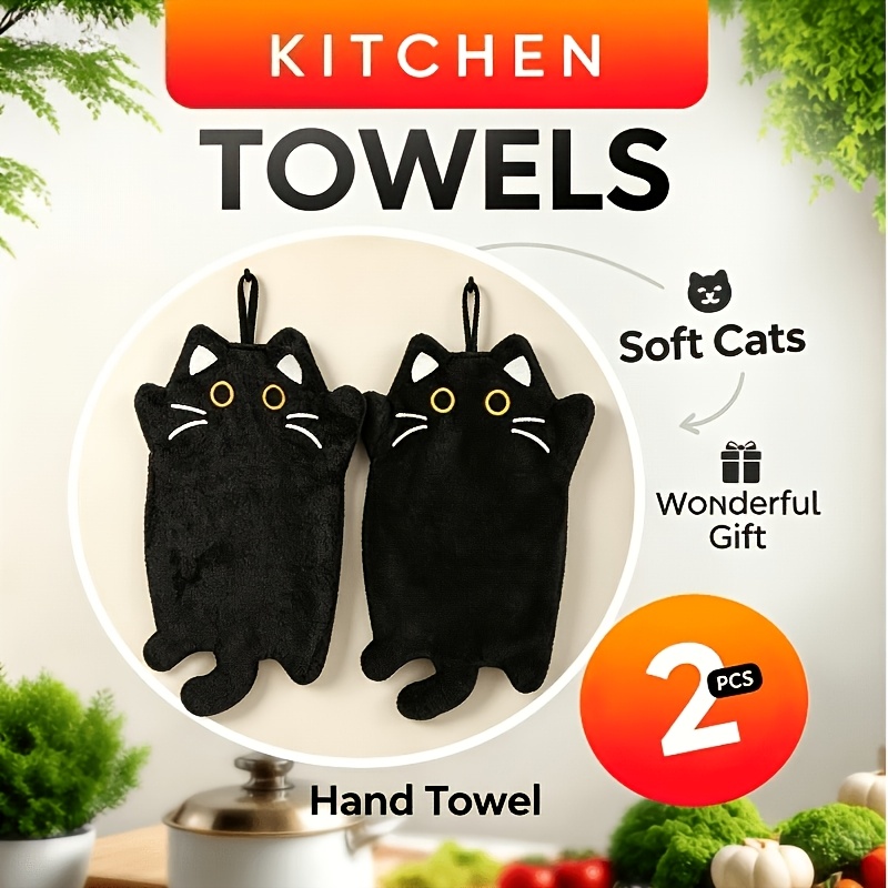 TEMU 2pcs Hanging Black Cat Kitchen Towel, Kitchen Insulation Pad, Coaster, Durable Thick Absorbent Coral Fleece Cleaning Cloth And Towel, Halloween