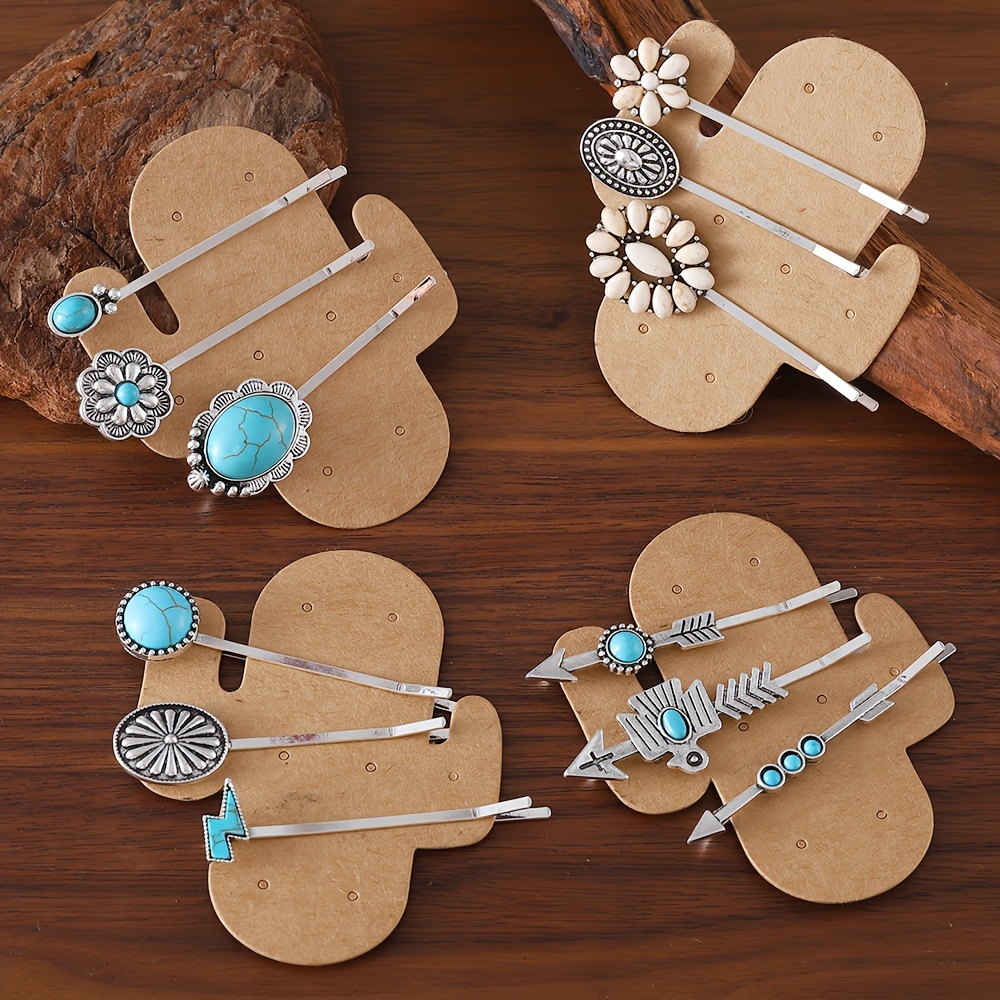 

Boho Western Style Hair Clip Set, 3-piece Zinc Alloy Barrettes With Faux Turquoise Inlay, Vintage Bohemian Hair Accessories For Women