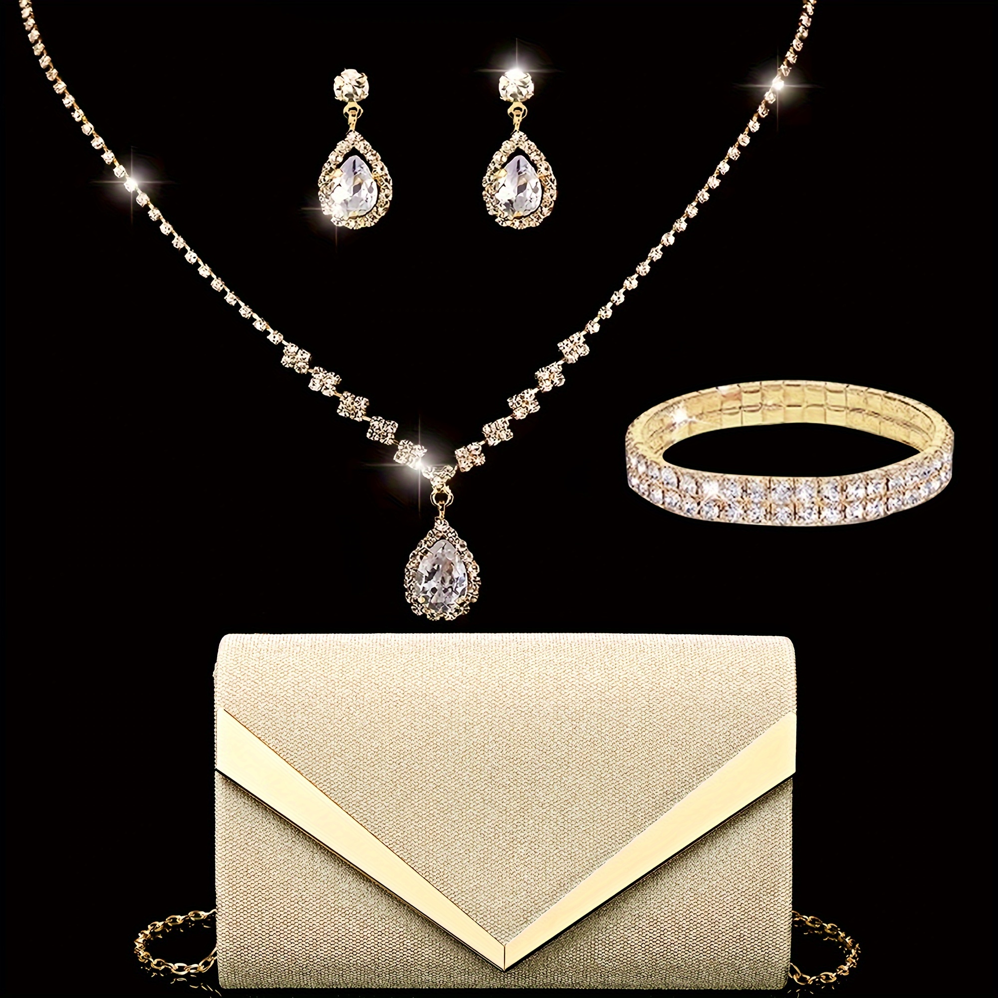 

4pcs/set Glitter Envelope Clutch Bag, Shiny Rhinestone Dinner Purse, Women's Formal Earrings Necklace Bracelet Set