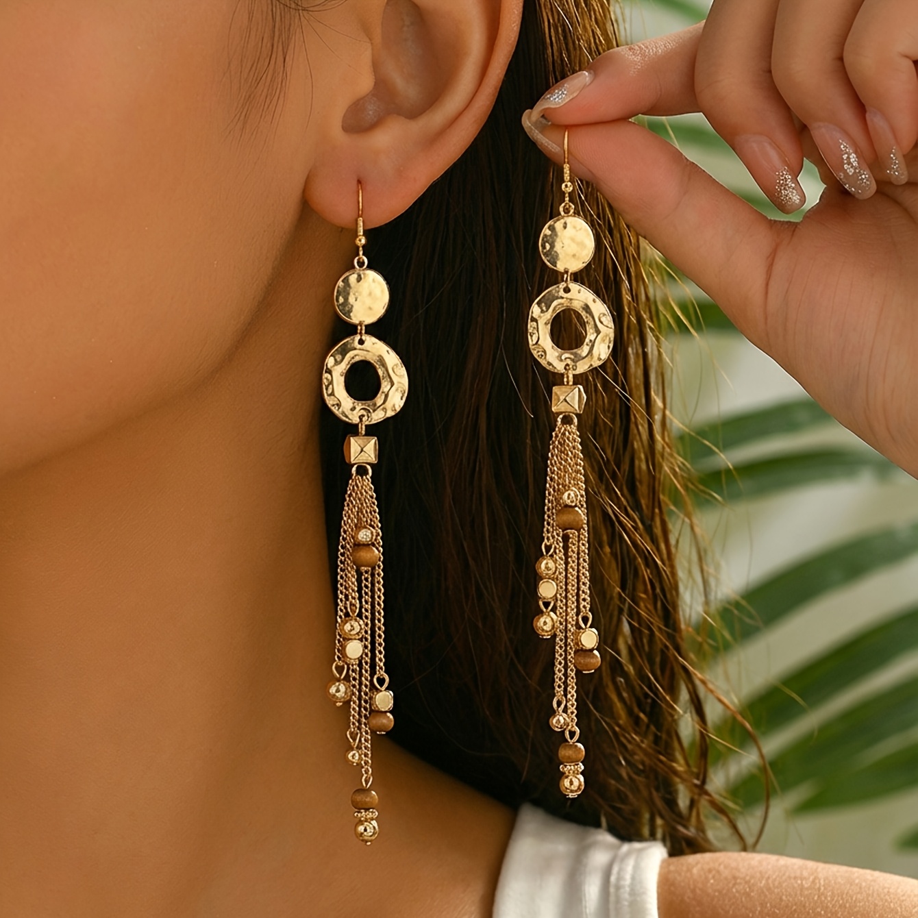 TEMU 1 Pair Women's Fashion Dangle Earrings, Vintage Bohemian Textured Round Disc And Hoop Spliced Wooden Bead Tassel Drop Earrings For Spring/summer