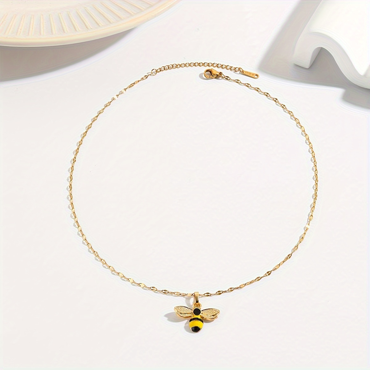 Image of A Minimalist Stainless Steel Chain Cute Yellow Striped Bee Pendant Necklace Women's Everyday Jewelry