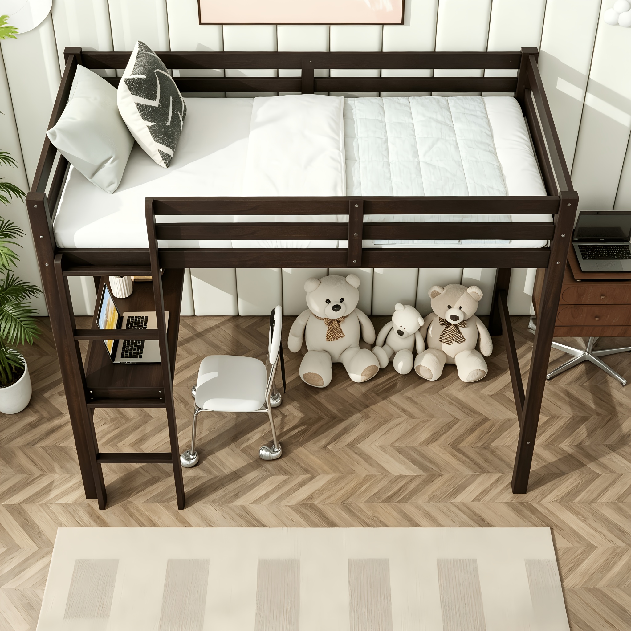 BELLEMAVE Twin High Loft Bed, Rubber Wood Loft Bed with Safety Guardrail, Built-In Desk, Ladder, Espresso