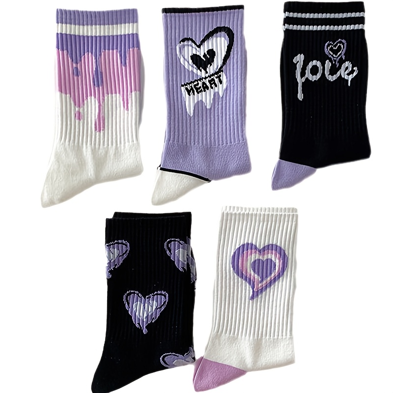 Image of 5pairs Autumn Heart Women's Socks, Trendy Letter Print Socks, Comfortable Soft Breathable Women's Mid-calf Socks