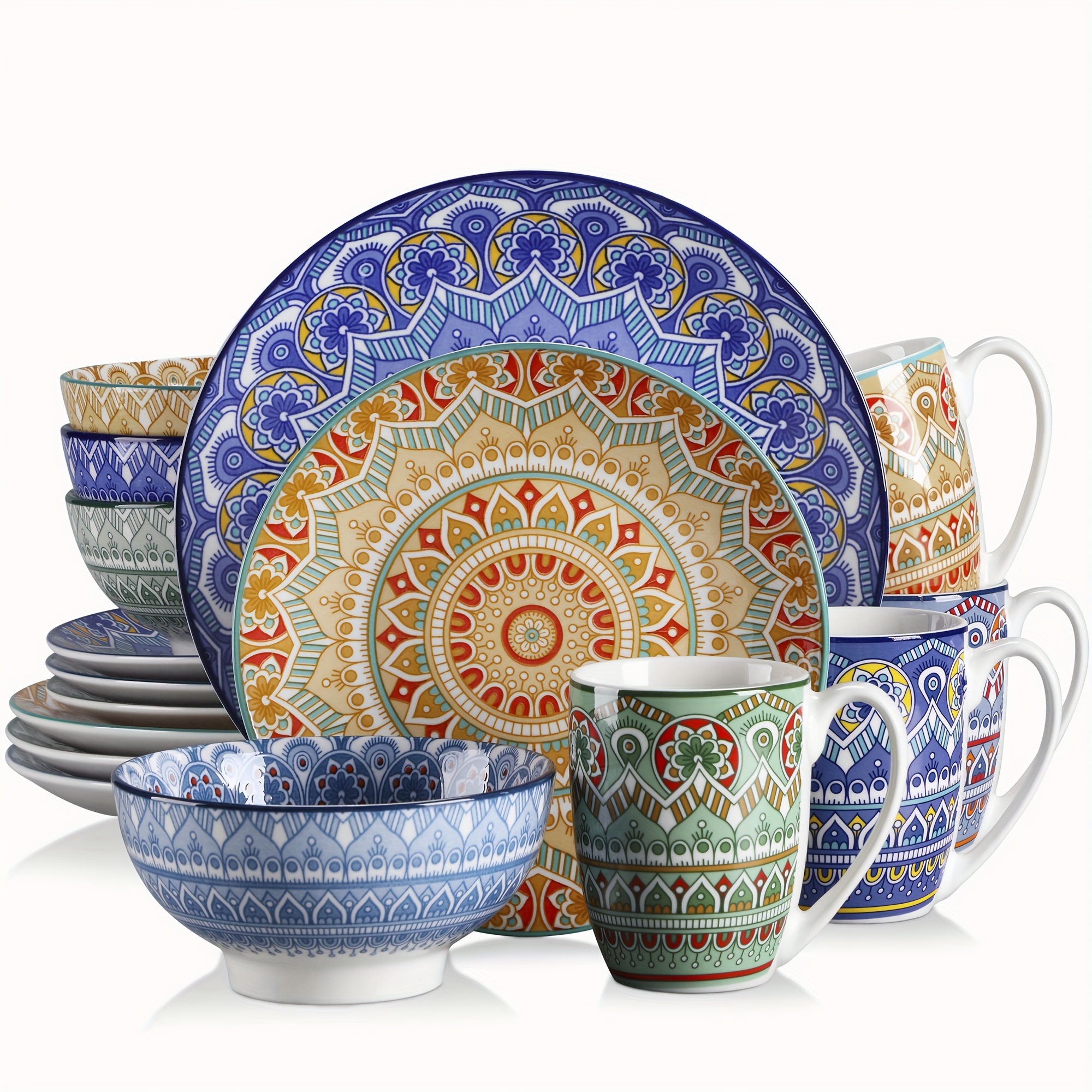 E-shop 16-teiliges Tischservice-Set im böhmischen Stil mit blauem Porzellanmuster, bestehend aus 4 Teller, Dessertteller, Schüssel und Tasse für 4