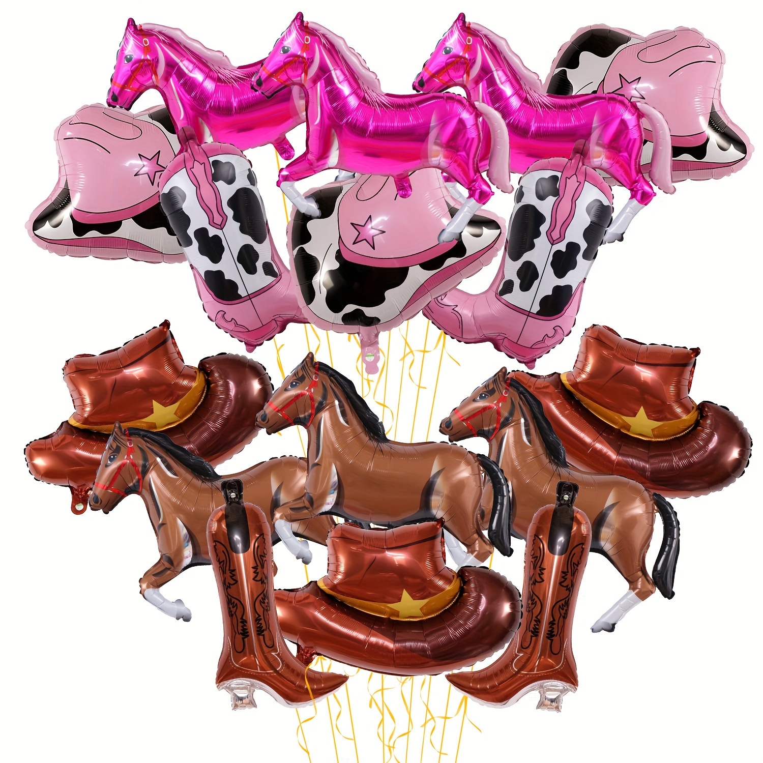 

Western Cowboy Themed Party Decorations: 8 Pieces - Large Brown Cowboy Boots & Hats, Balloons, 32 Feet Golden Ribbon Roll, Perfect For Birthday, Bachelor Party, Dance, Or Western Theme Events