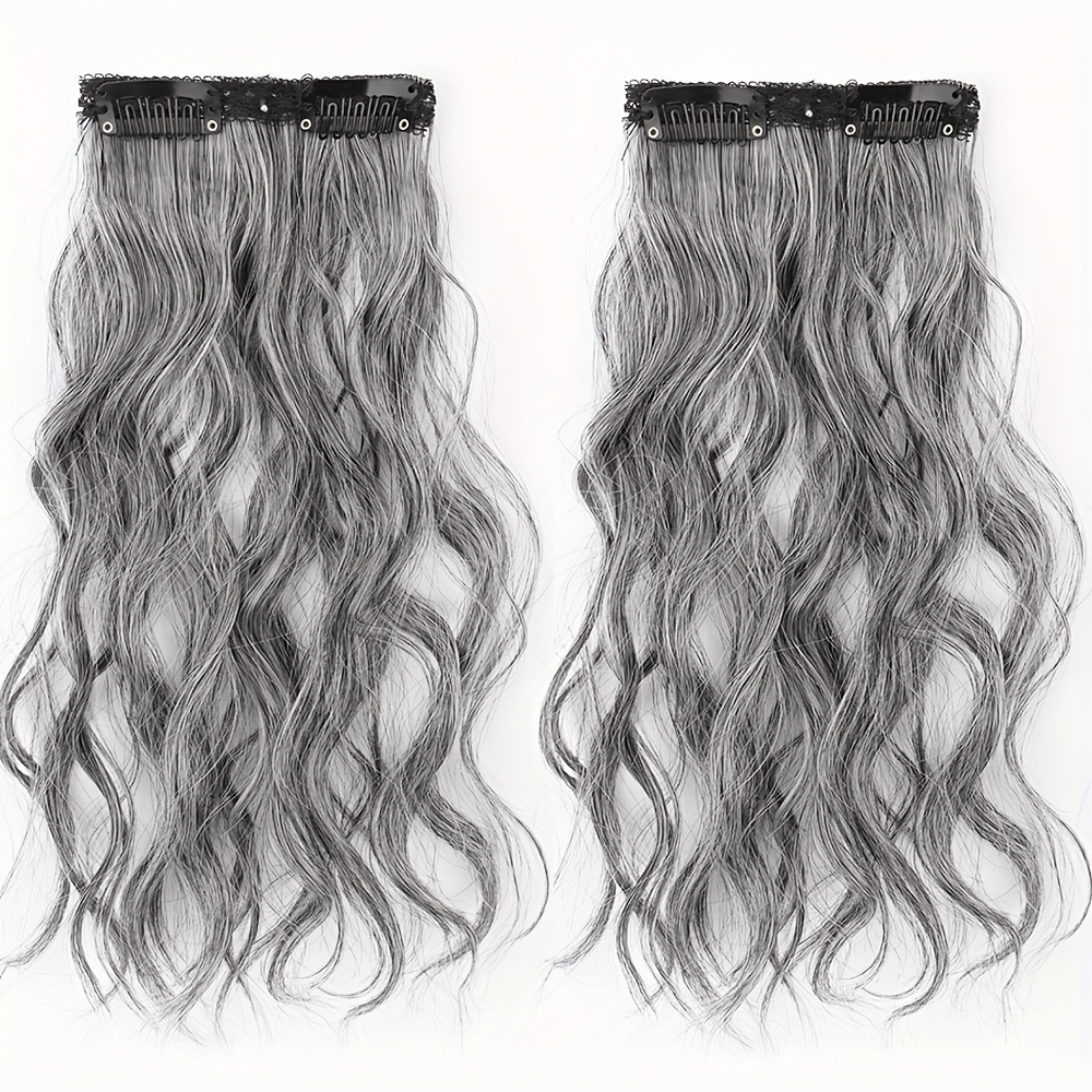 TEMU Grey 2pcs Set 2-card Large Wavy Curly Fluffy Hair Clip Pad Hairpiece To Increase Hair Extension Synthetic Fiber Wig