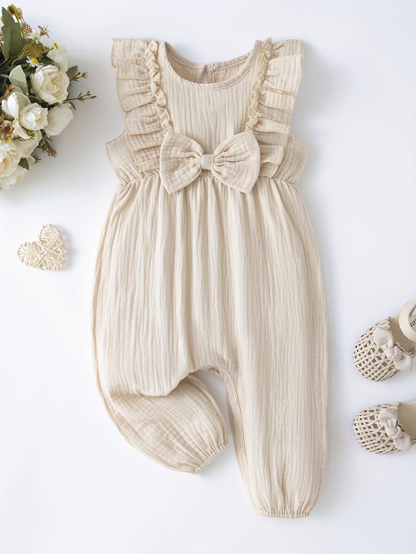 Mommbaby One-Piece Baby Girl Clothes Solid Color Ruffle Lace Bow Wrinkled Cloth Baby Romper Jumpsuit Pants Climbing Clothes Summer Cute Comfortable Clothing, for Outdoor