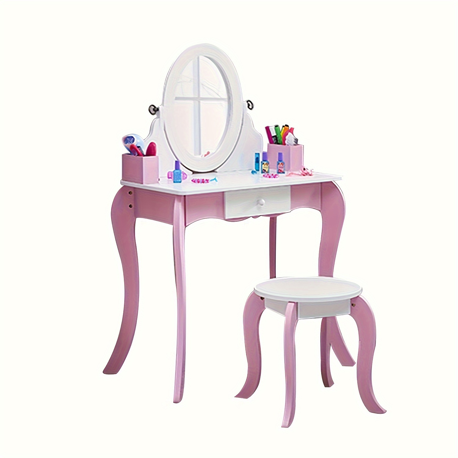 Kids Vanity Set - Princess Deluxe Vanity Table Set 2-in-1 Wooden Writing Desk & Stool, Mirror & Drawer, Perfect for Kids' Pretend Play, Developing Creativity And Fine Motor Skills, Durable Construction, Easy to Assemble, Best for Girls Christmas Gift