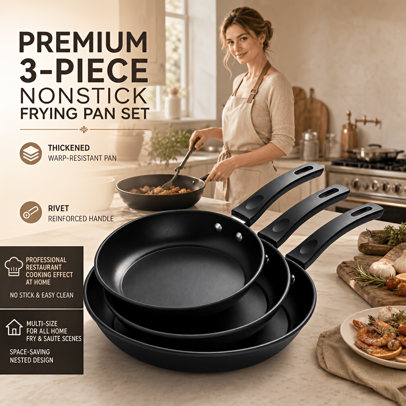 TEMU This 3-piece Cast Set For Outdoor Use Includes Heavy-duty Skillets In 3 Sizes, Suitable For Frying, High-heat Searing, And Grilling. Designed To