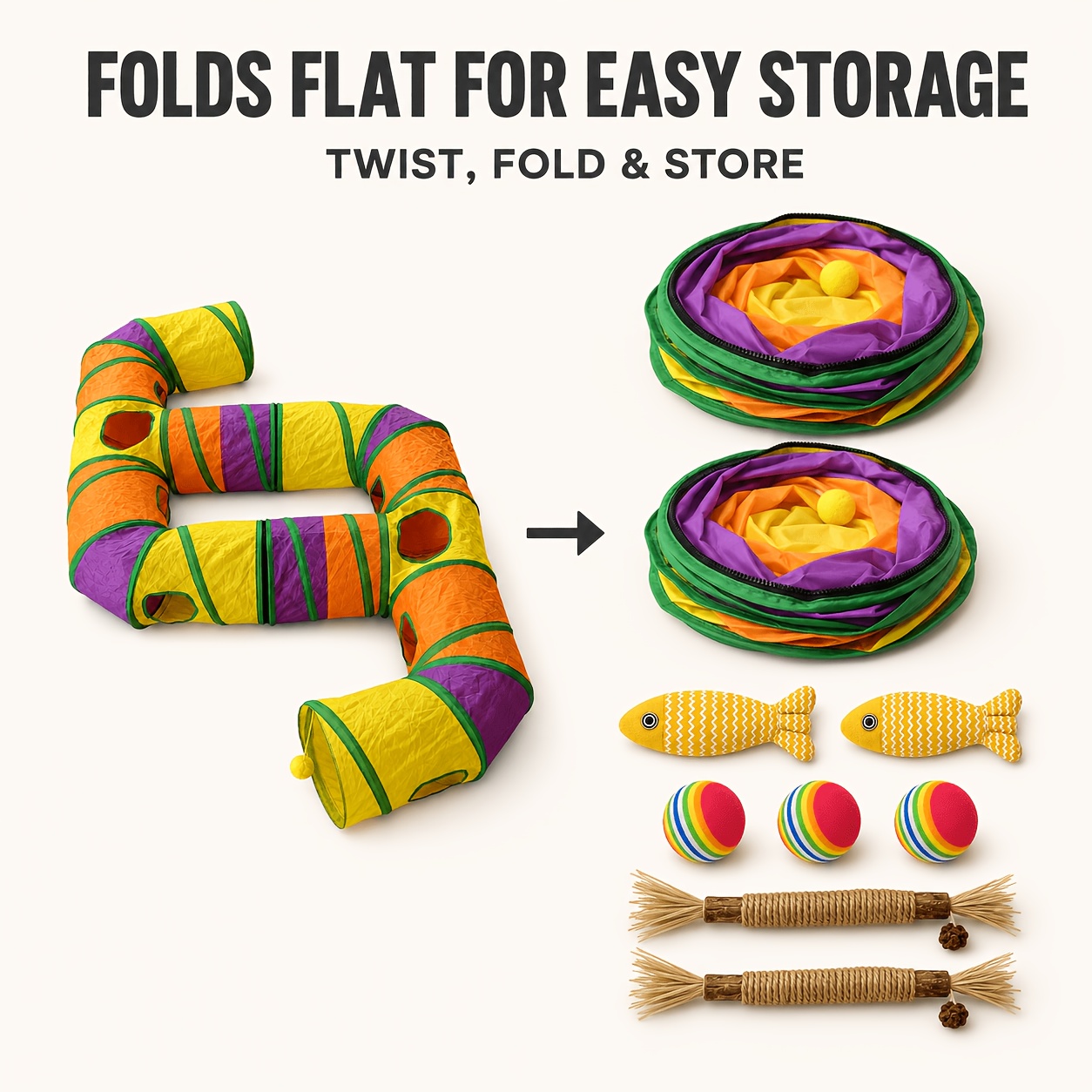 TEMU Cat With 2 E-shaped 6-turn Sections, Foldable Multi-opening Cat Play Tunnel, Includes 7 Interactive Toys, Fish, Balls & Rope Sticks For Indoor