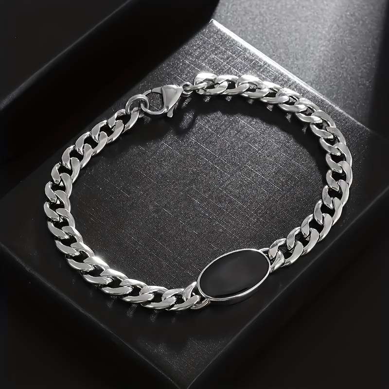 Image of Classic Fashion Cuban Chain From Europe, America, Middle East, Black Oval Charm Bracelet, Men's Party Jewelry Gift