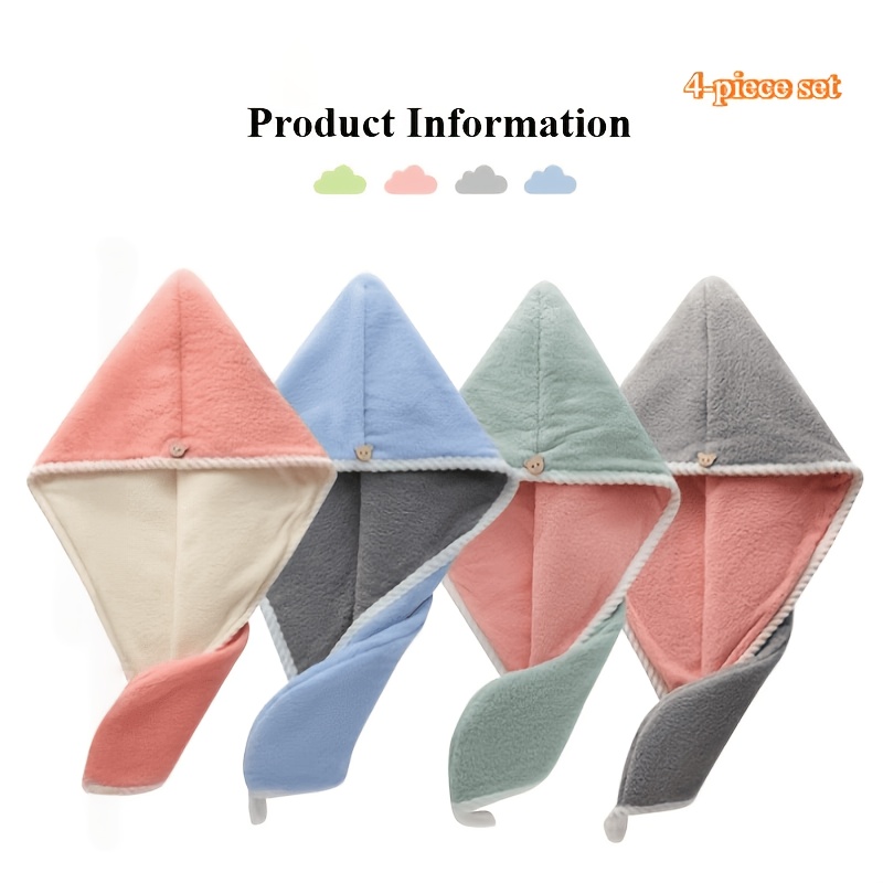 TEMU 4pcs Super Absorbent Hair-drying Caps | Quick-dry Hair Towels, Thick Double-sided Reusable Headbands, Double-layer Quick-, Acrylic, Fabric