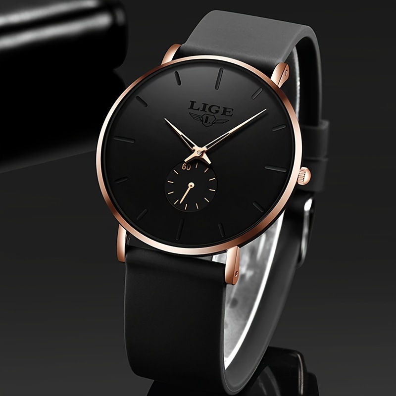 LIGE Black Stylish Quartz Watch, Comfortable Design