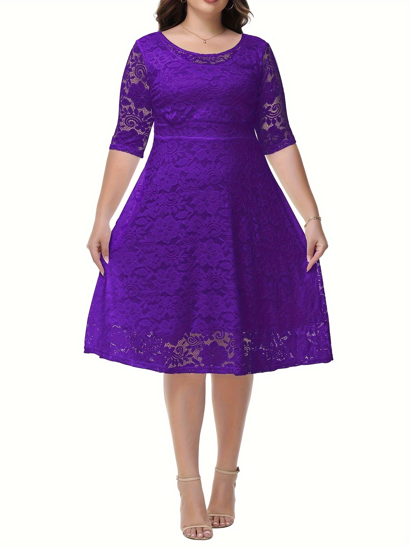 plus size guipure lace pocket dress elegant solid color crew neck half sleeve dress for spring summer womens plus size clothing