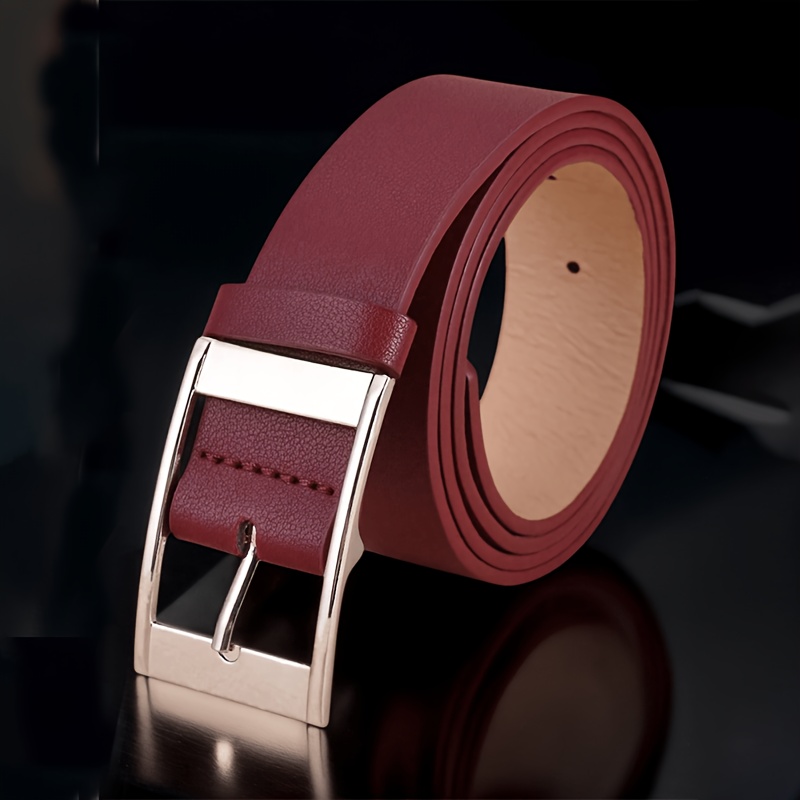 TEMU Women's Wine-red Belt With A Silvery Square Buckle, Versatile For Jeans And Dresses, Casual Wear