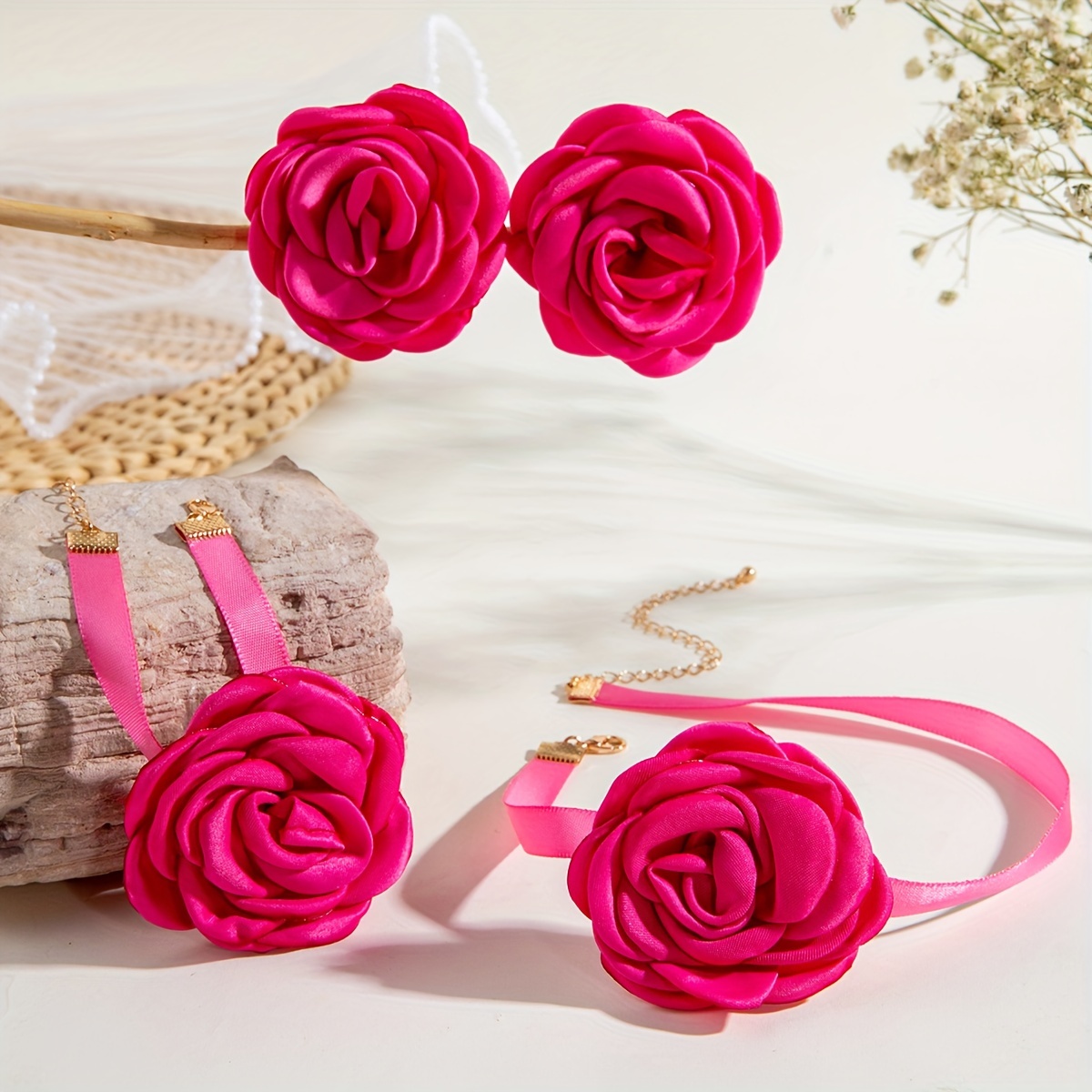 

Elegant 3-piece Flower Jewelry Set For Women - Polyester Rose Earrings, Necklace, And Bracelet - No Plating, Iron Ear Needle - Ideal For Parties, Weddings, Gifts