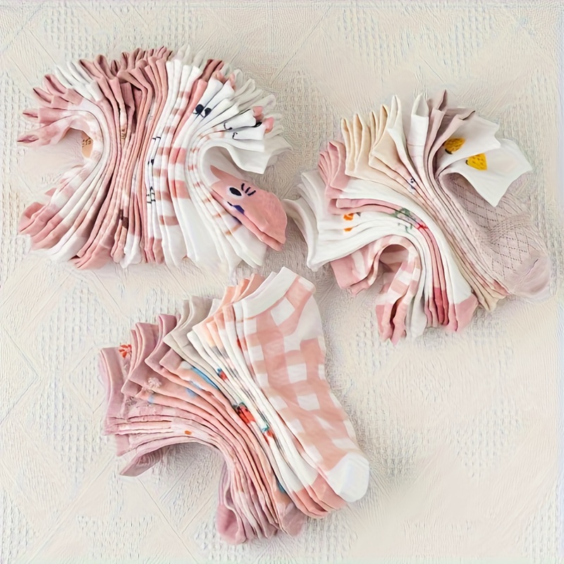 10 Pair Womens Floral Print Ankle Socks Soft Pink