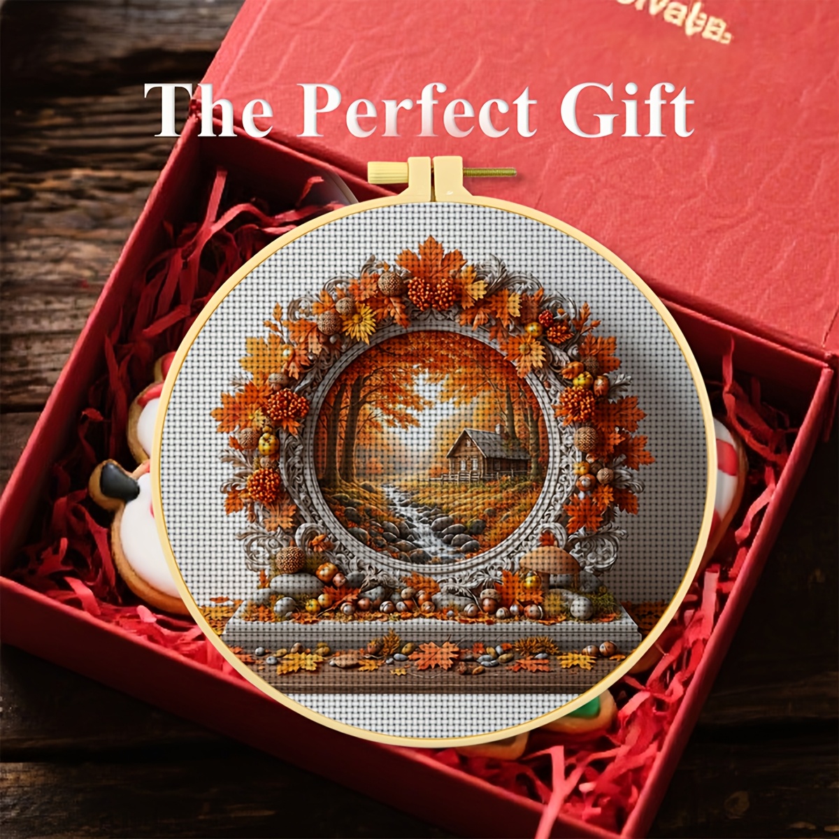 Round Cross Stitch Printed Kit with Hoop, Autumn Scenery Design