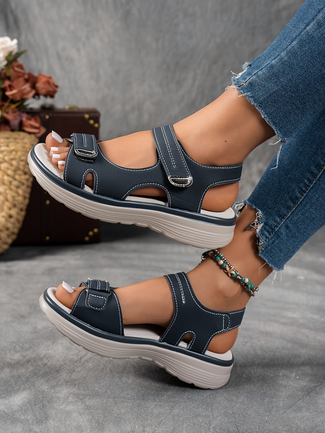 womens summer casual black platform wedge sandals open toe breathable pu upper ankle hook and loop closure solid color beachwear strappy sandals details 9