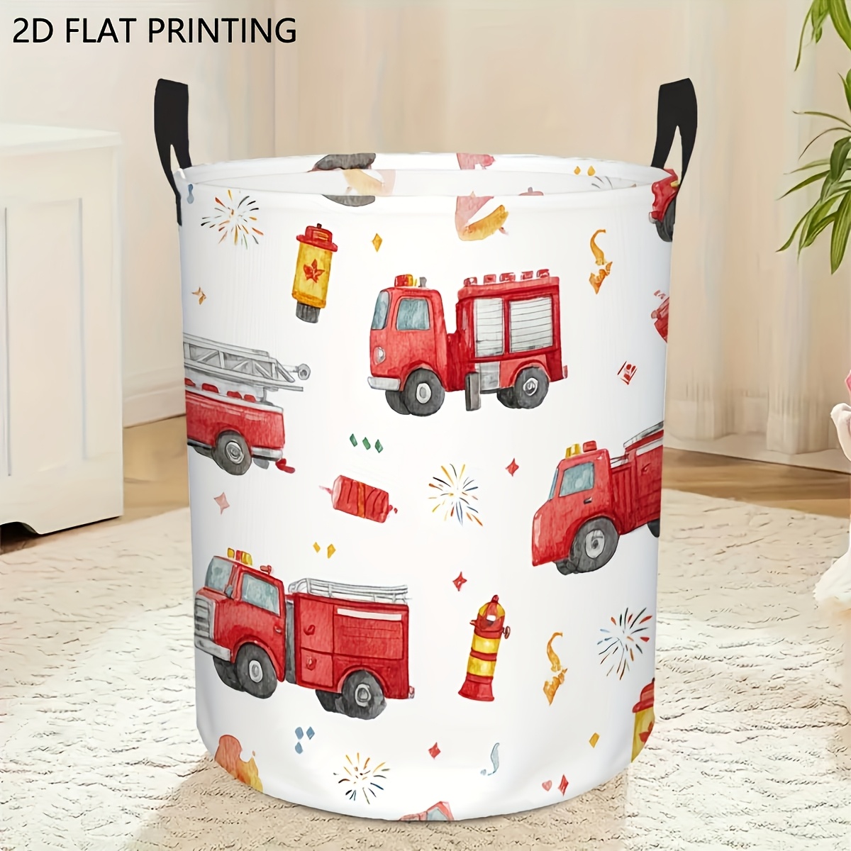 TEMU 1 pièce, Panier à linge sale avec imprimé camion de pompiers , Boîte de rangement pliable multifonctionnelle et panier décoratif avec poignées