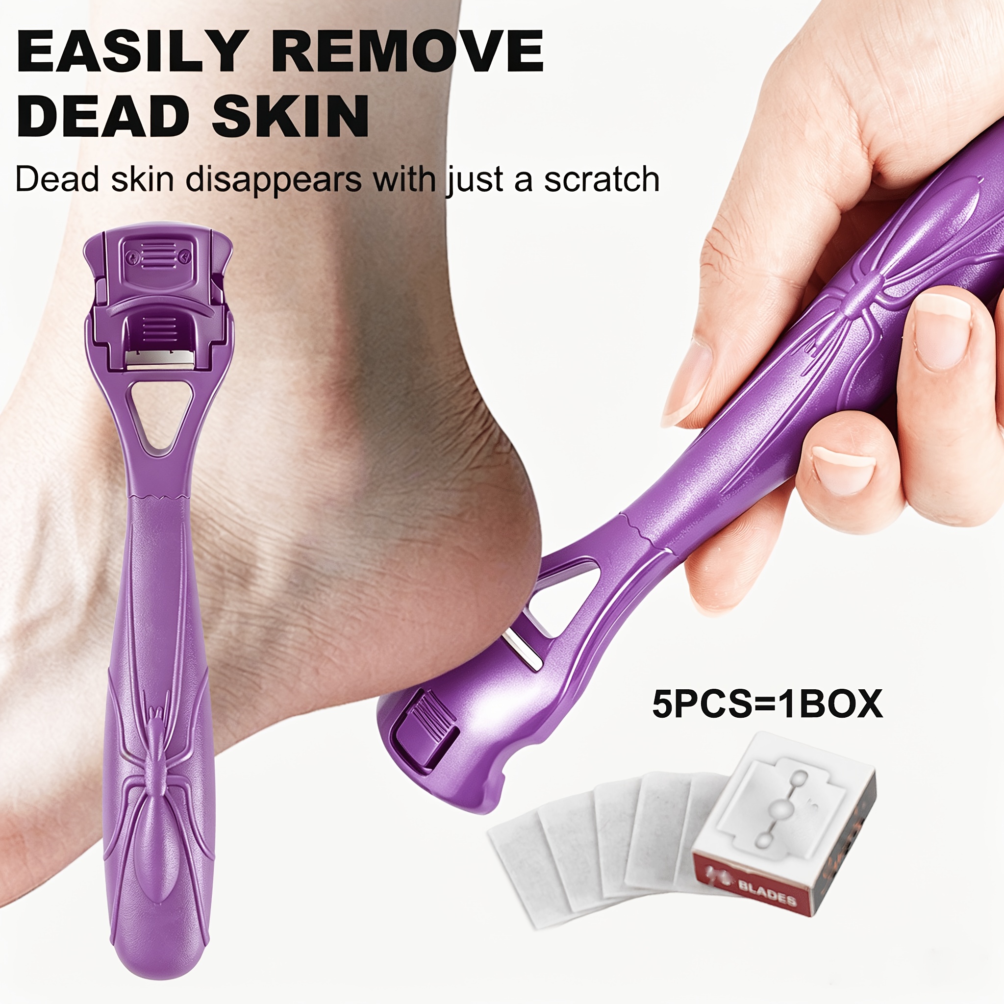 TEMU 6pcs Embossed Handle Foot Scraper Set, Purple Foot Scraper + 5 Replacement Heads, New Foot Scraper With Adhesive Tip For Added Safety, Foot Bath