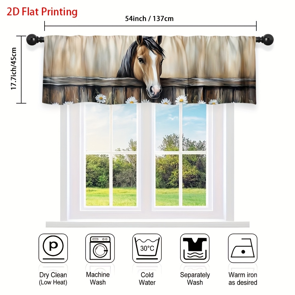 TEMU 2d Flat, 1 Panel Horse & Farmhouse Window Valance Curtain - Rustic Equestrian Design With Horses, Daisies & Palm Trees, Semi-sheer Fabric, Rod