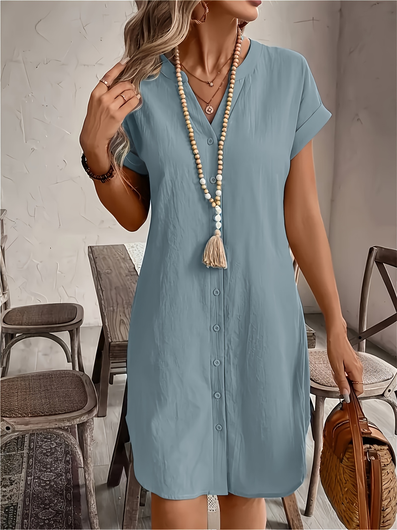 Women's Elegant V-Neck Dress - Lightweight Soft Non-Stretch Fabric, Front  Button Closure & Batwing Sleeves, Flattering A-Line Silhouette for  Everyday, Beach, Vacation