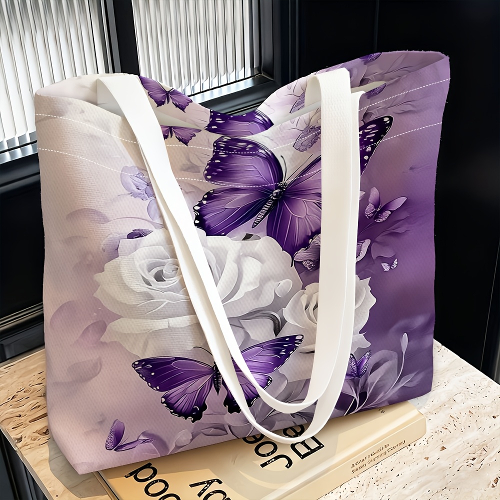 TEMU 1pc, Purple And White Rose Themed Women's Shoulder Bag, Multifunctional And Versatile, Handbag, Clutch, Evening Bag, Travel Essential, Fashion