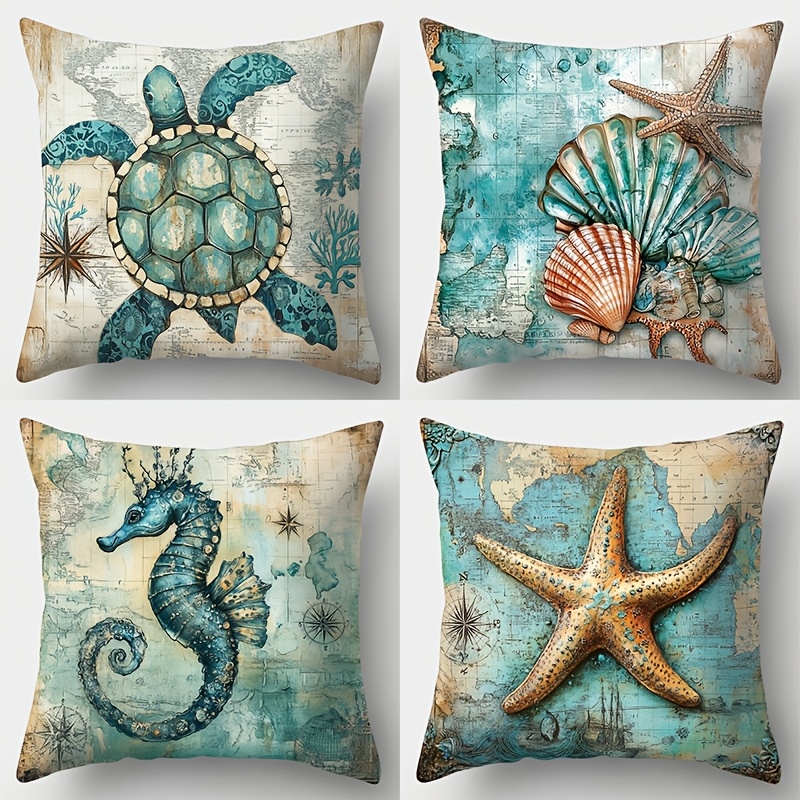 

4-pack Coastal Home Decor Pillow Covers, 17.7"x17.7" Polyester Zippered Cushion Cases With Prints - Turtle, Starfish, For Living Room Sofa - Machine Washable