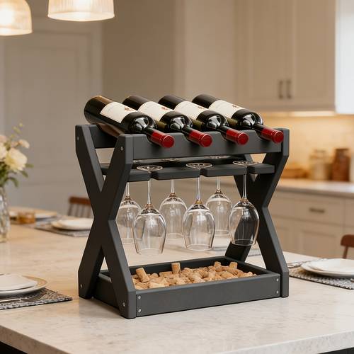 shenbor hdpe countertop 3 in 1 wine shaped stable design holds 4 wine bottles and 6 wine glasses cork and tool storage space with 304 stainless steel hardware minute assembly