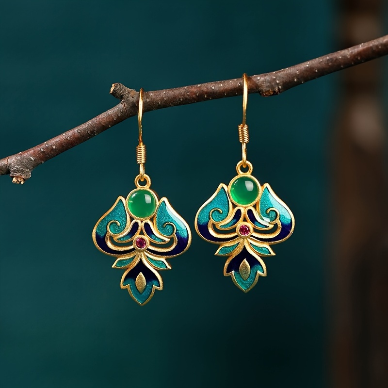 

Elegant Chinese-inspired Gold-plated Copper Dangle Earrings With 925 Silvery Posts, Faux Jade & Enamel Detailing - Perfect For Everyday Wear Dangle Earrings For Women Necklace And Earring Set