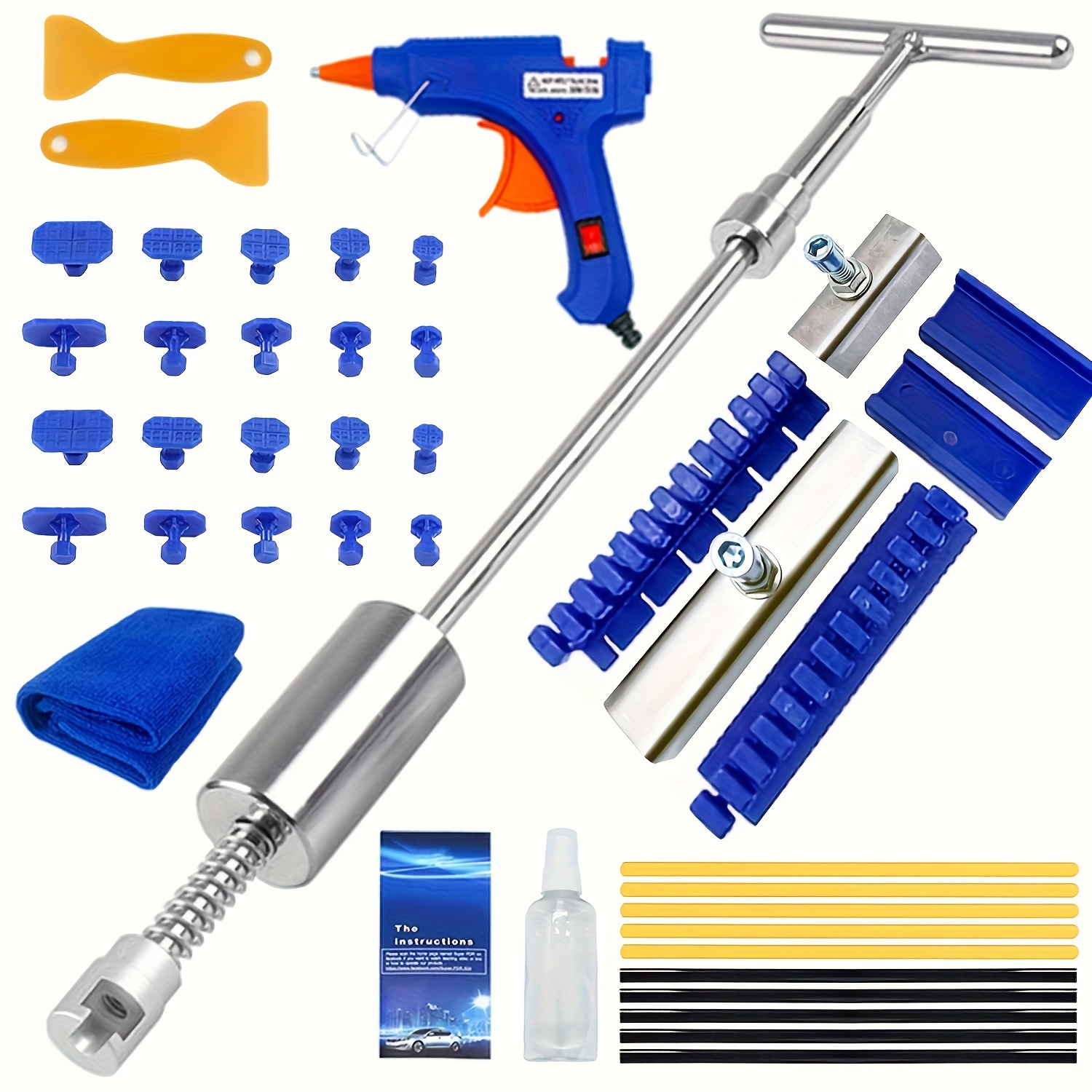 TEMU Auto Dent Repair Tools Kit Car Body Sheet Metal Paintless Bump Removal Reverse Hammer Kit Blue Tabs Set Pull Traceless Remover Complete Tool Set