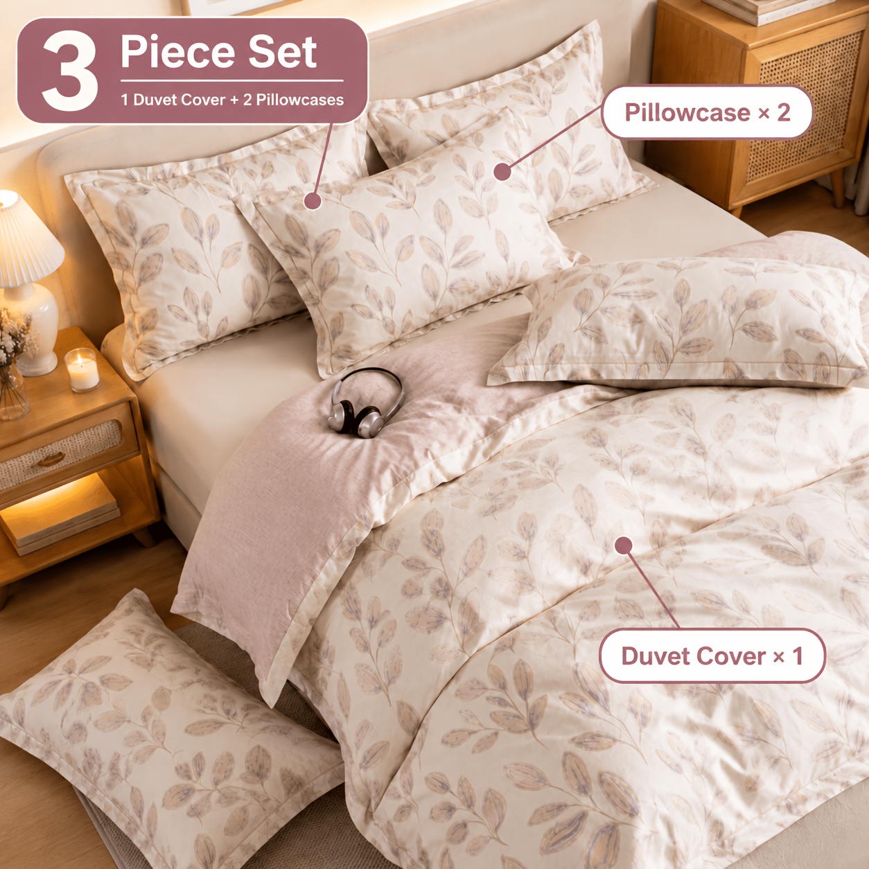 Image of Bed (135 X 190cm) 100% Cotton Printed Duvet Cover Set (2/3pcs) Floral Pattern. Invisible Zipper. Soft And Breathable. Size: 200 X 200 Hand Washed Or Machine Washed.