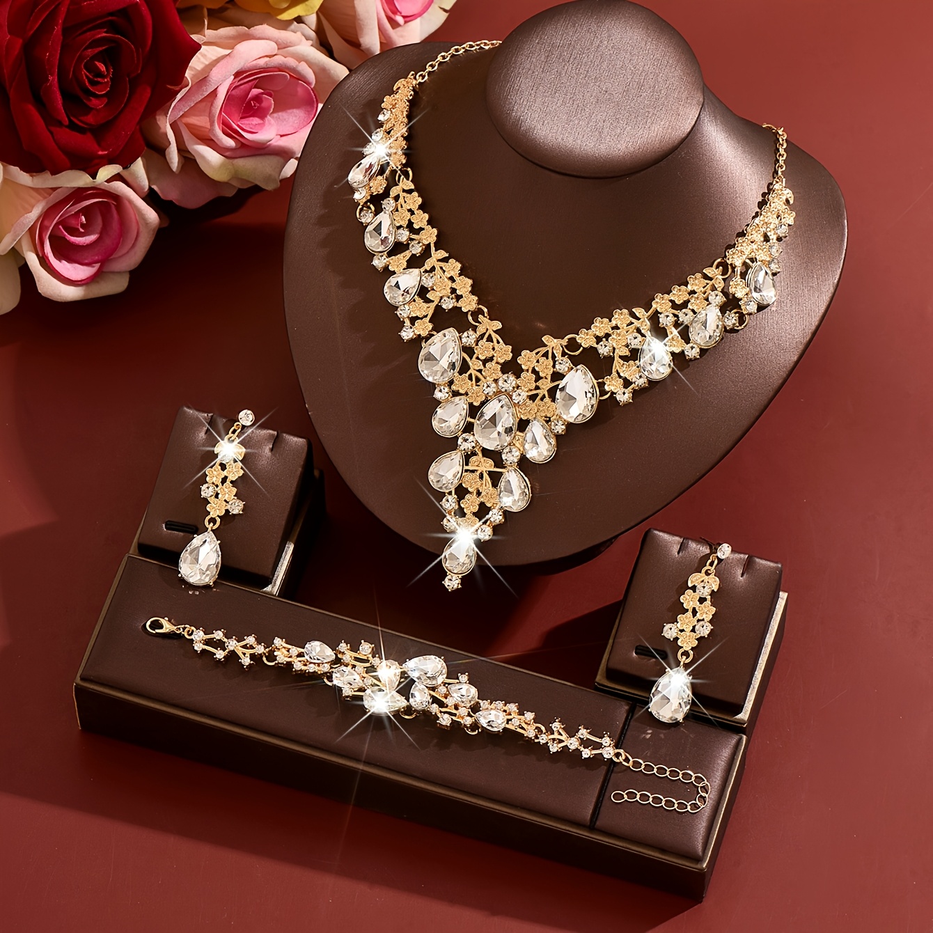 Women's Retro Luxurious Leaf-Shaped Rhinestone 3pcs Set