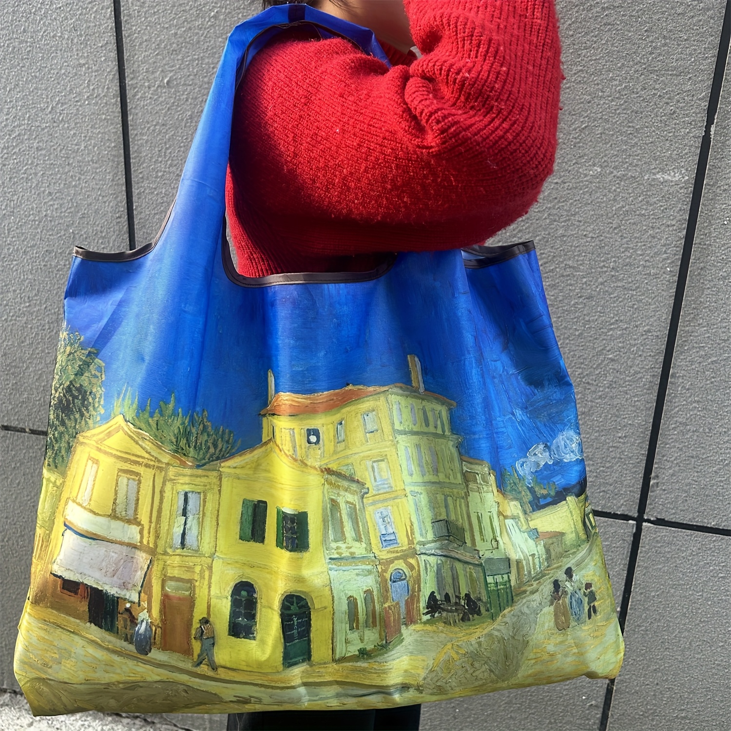 Image of Oil Painting Style Large Folding Shopping Bag Nylon Sturdy Grocery Bag Women's Shoulder Bag Tote Bag Handbag Suitable For Travel, Camping Bag