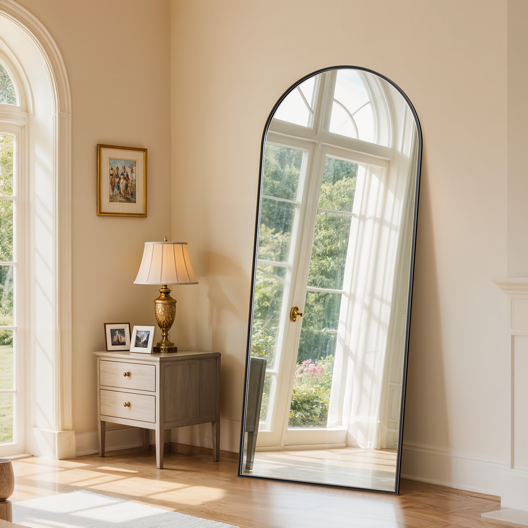 TEMU Arched Right-angle Full-size Mirror, 169 Cm X 58 Cm, Floor-standing Full-body Mirror, Unique Vertical Mirror, Black And Golden Metal Frame