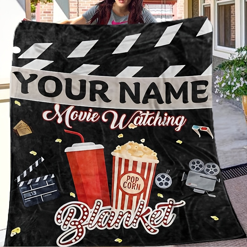 

1pc Cozy Customizable Blanket With Personalized Name - Soft Polyester Knitted Throw With Popcorn & Film Pattern, Anti-tear, Allergy-free, , For Couch, Bed, Travel - Machine Washable