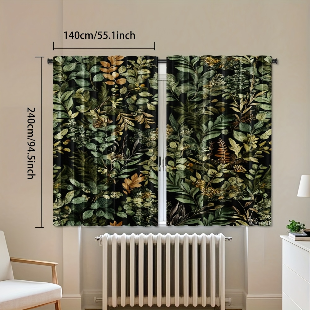 TEMU 2pcs Vintage Green Botanical Curtains - , Retro Farmhouse Drapes For Bedroom & Living Room, Elegant Decor With Dark Green Leaves & Yellow