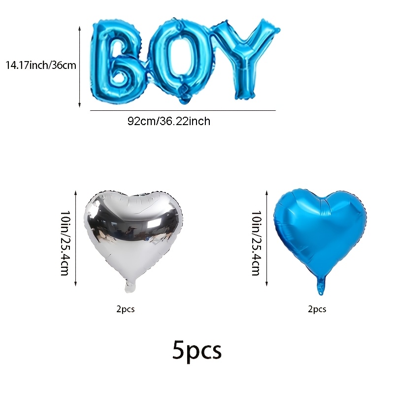 Image of 5pcs Gender Reveal Party Blue "boy" Letter Foil Balloon Bodysuit, Blue And Silvery Heart Foil Balloon Set, Camping Party Decorations, Party Decor, Wedding And Birthday Party Decoration Supplies