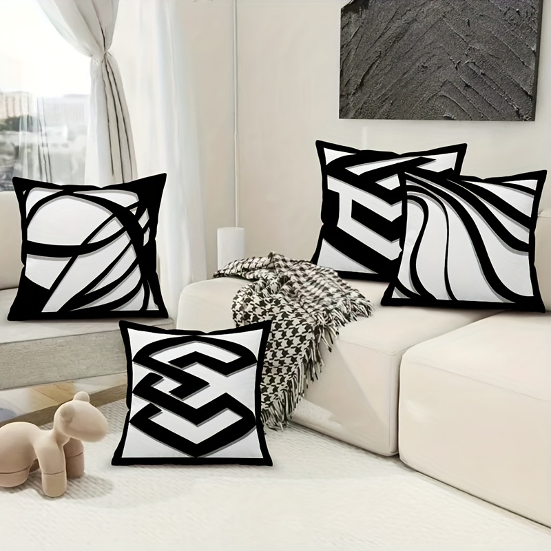 TEMU 4pcs - Modern Abstract Line Art Pillow Covers, 45x45cm, Polyester With Zipper, Machine Washable, Black And White Geometric Patterns, Ideal For